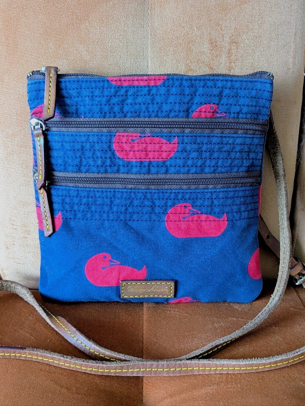 Dooney & Bourke Triple Zip Crossbody Bag Red Ducks On Navy Blue Canvas